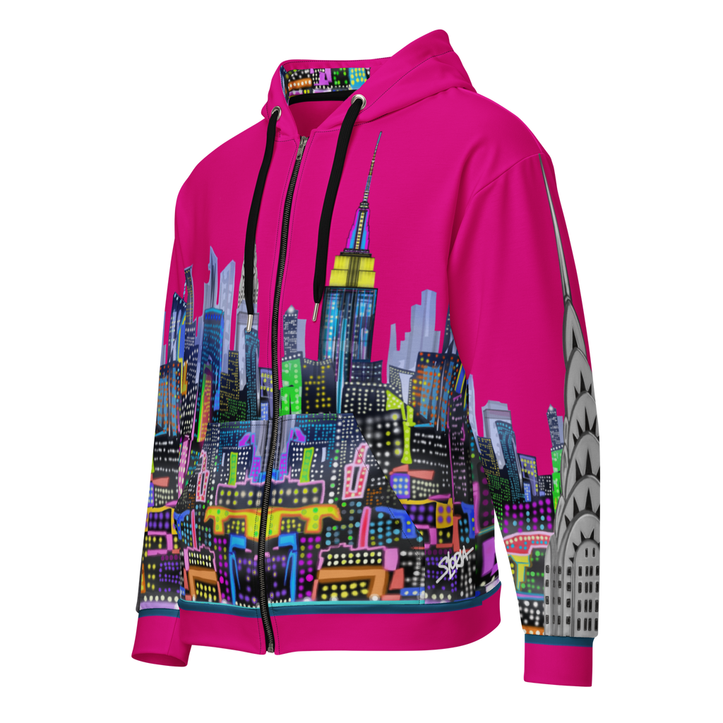 Pink hoodie with colorful Loria NYC Art cityscape design on a white background