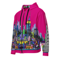 Pink hoodie with colorful Loria NYC Art cityscape design on a white background