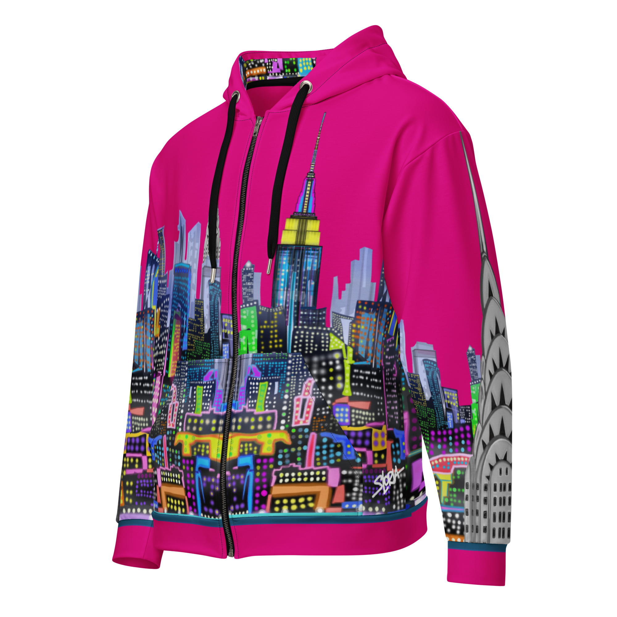 Pink hoodie with colorful Loria NYC Art cityscape design on a white background