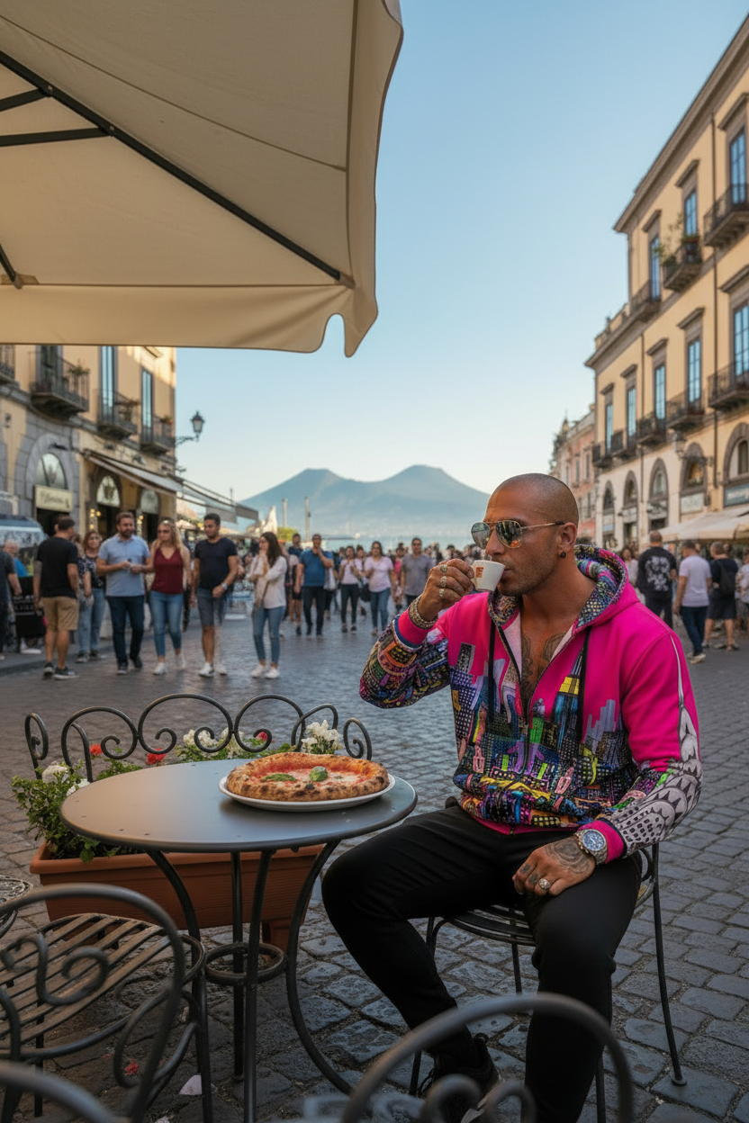 Man wearing a colorful Loria NYC Art hoodie in an outdoor cafe with a pizza on a table, surrounded by people and buildings.