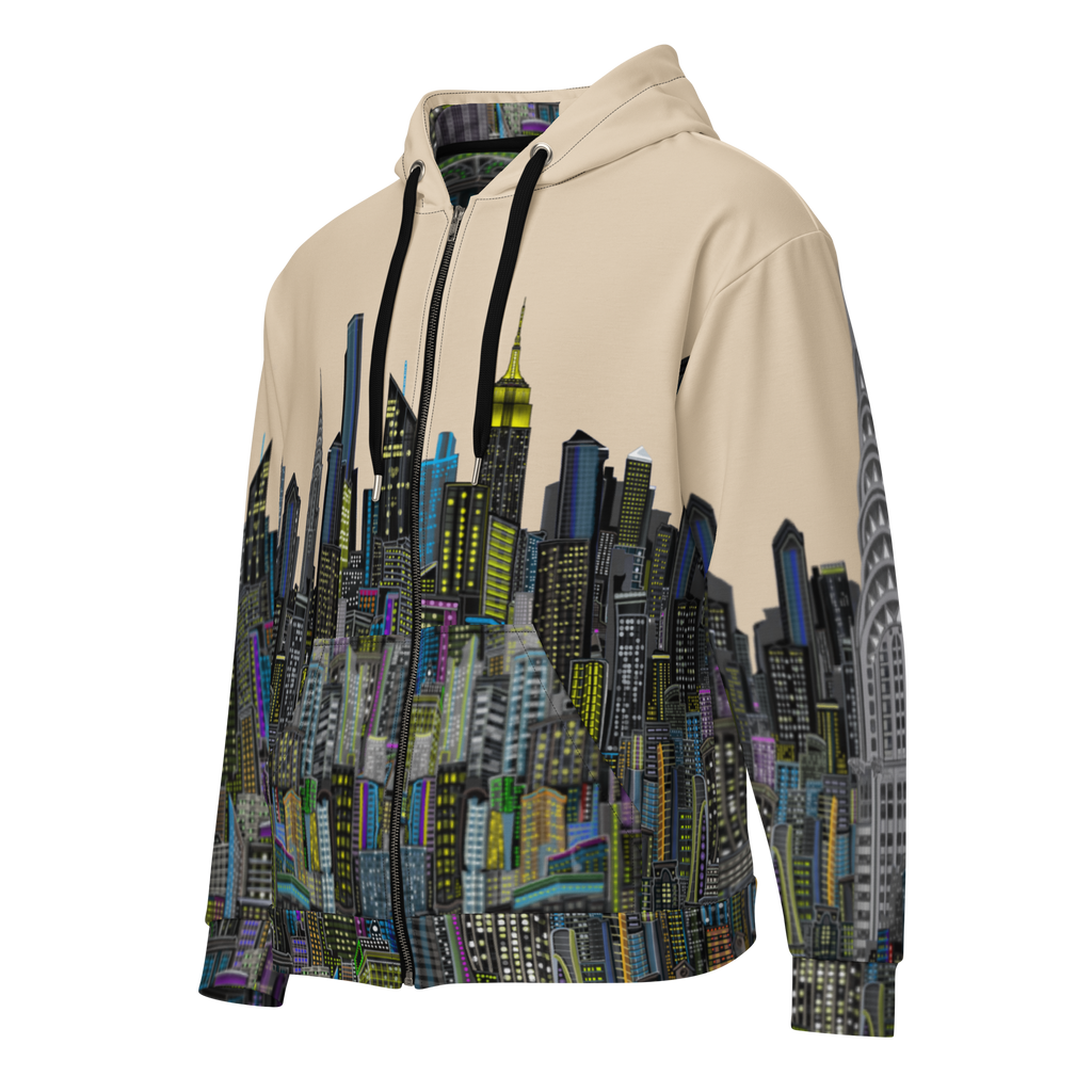 Beige hoodie with cityscape Loria NYC Art design on a white background