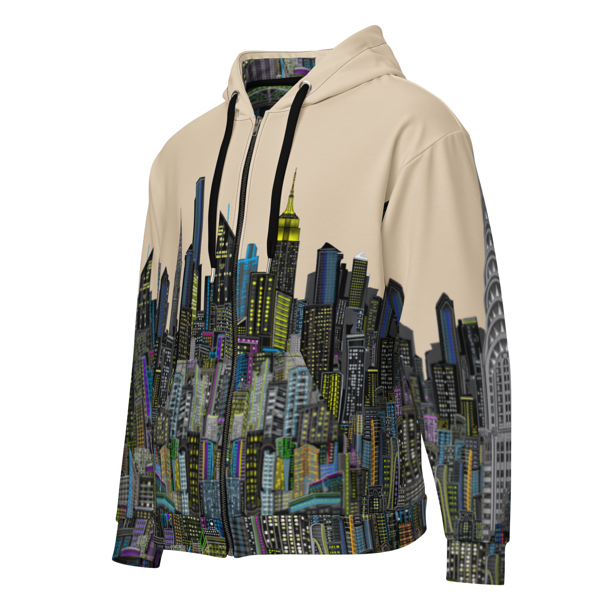 Beige hoodie with cityscape Loria NYC Art design on a white background
