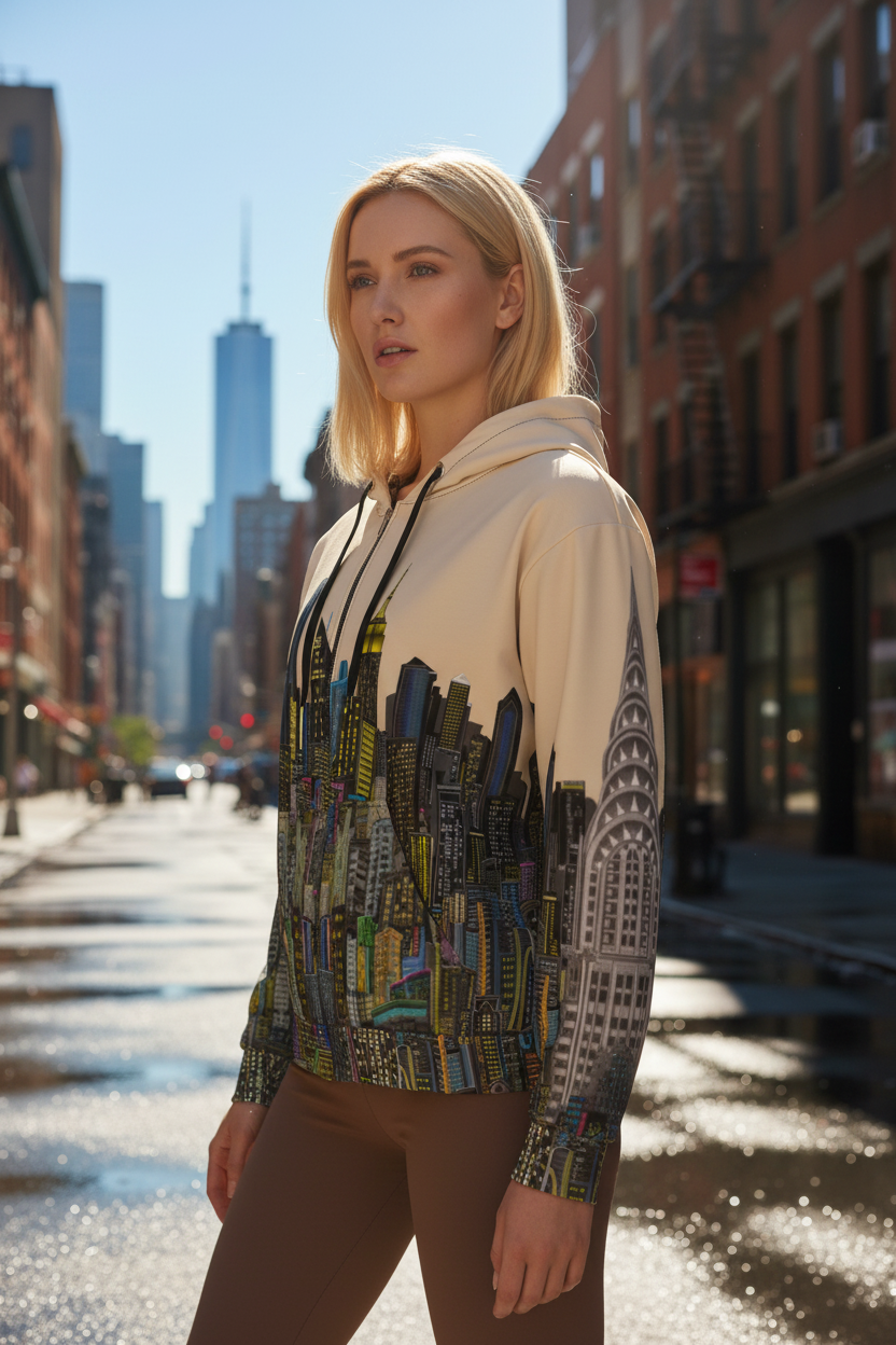 Woman wearing a hoodie with a cityscape Loria NYC Art design on a city street