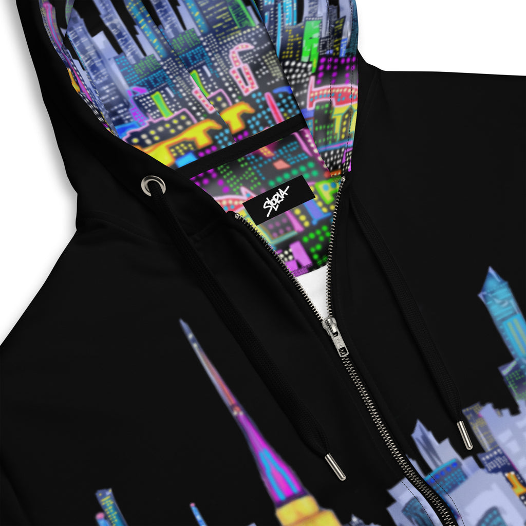 Black hoodie with colorful cityscape design by Loria NYC Art with logo on a white background 