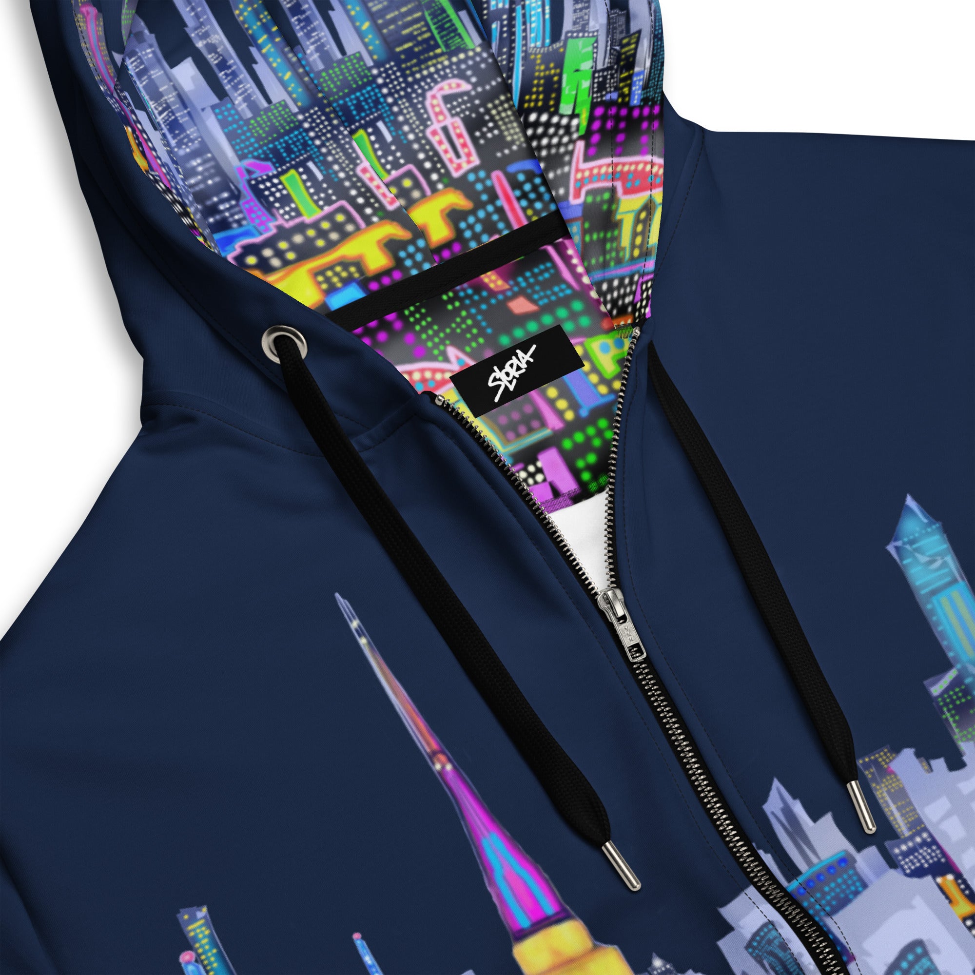 Navy blue hoodie with colorful cityscape design by the hood and zipper by Loria NYC Art