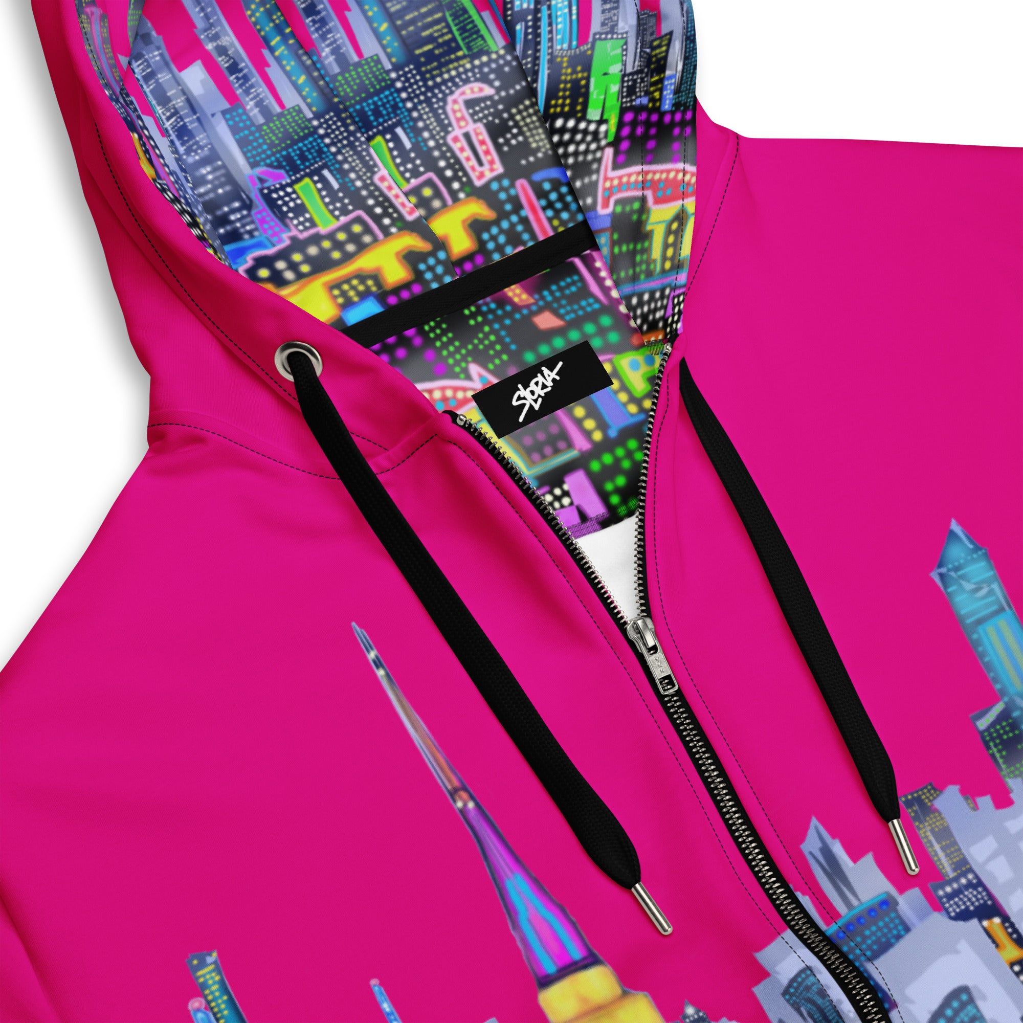 Pink hoodie with colorful cityscape Loria NYC Art design and brand logo on a white background