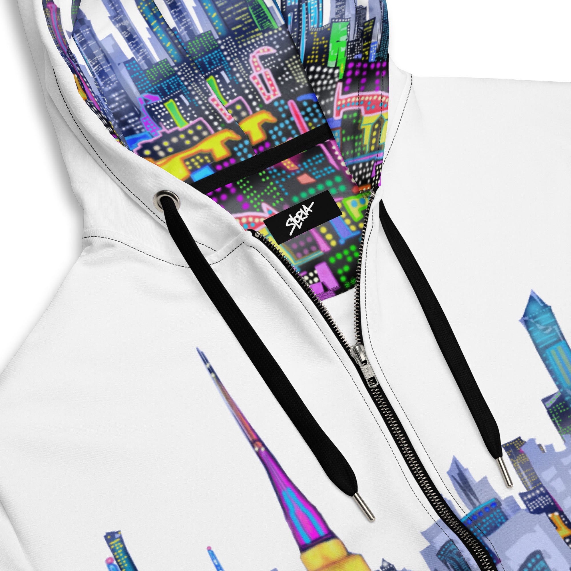 White hoodie with colorful cityscape Loria NYC Art design and brand logo on a white background