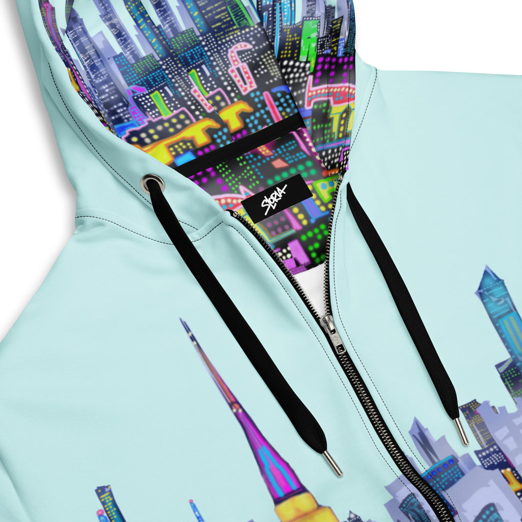 Light blue hoodie with colorful cityscape Loria NYC Art design on a white background