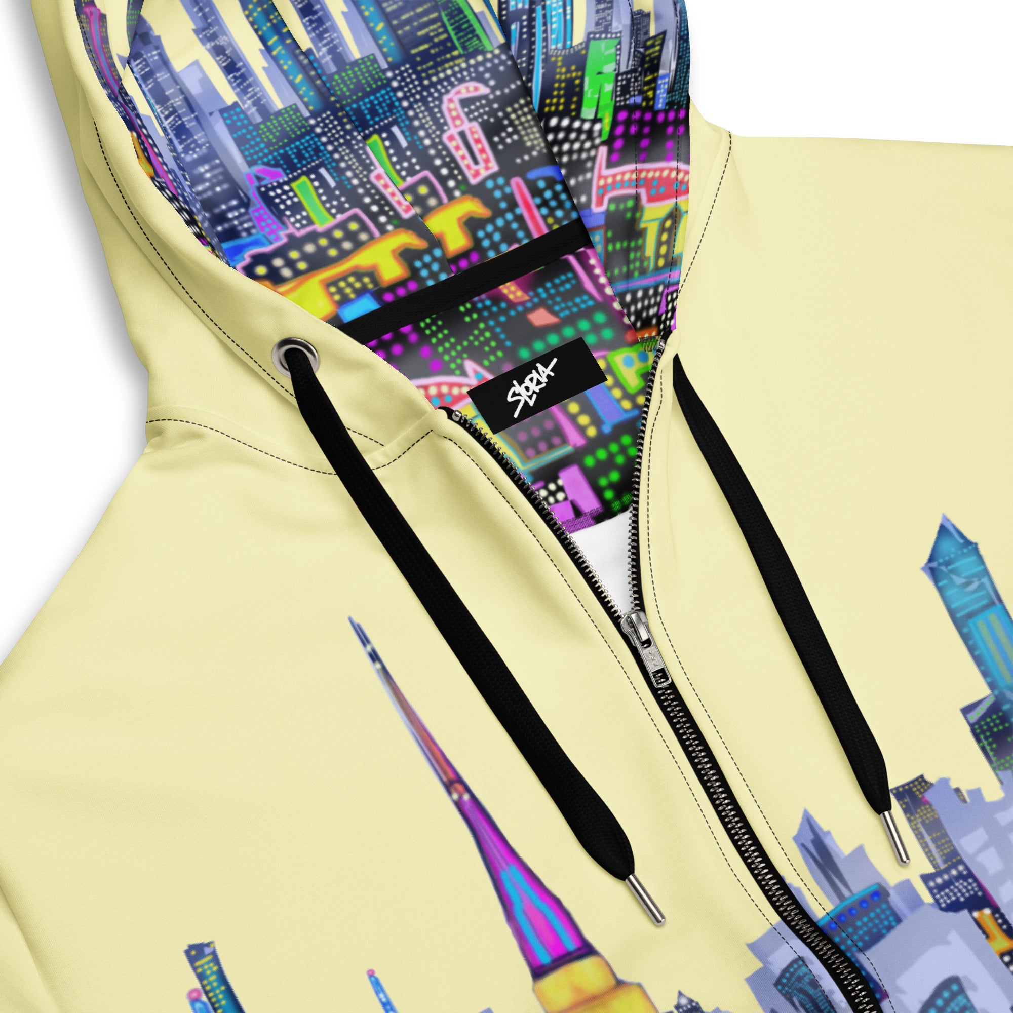 Hoodie with colorful cityscape Loria NYC Art design on a light yellow background