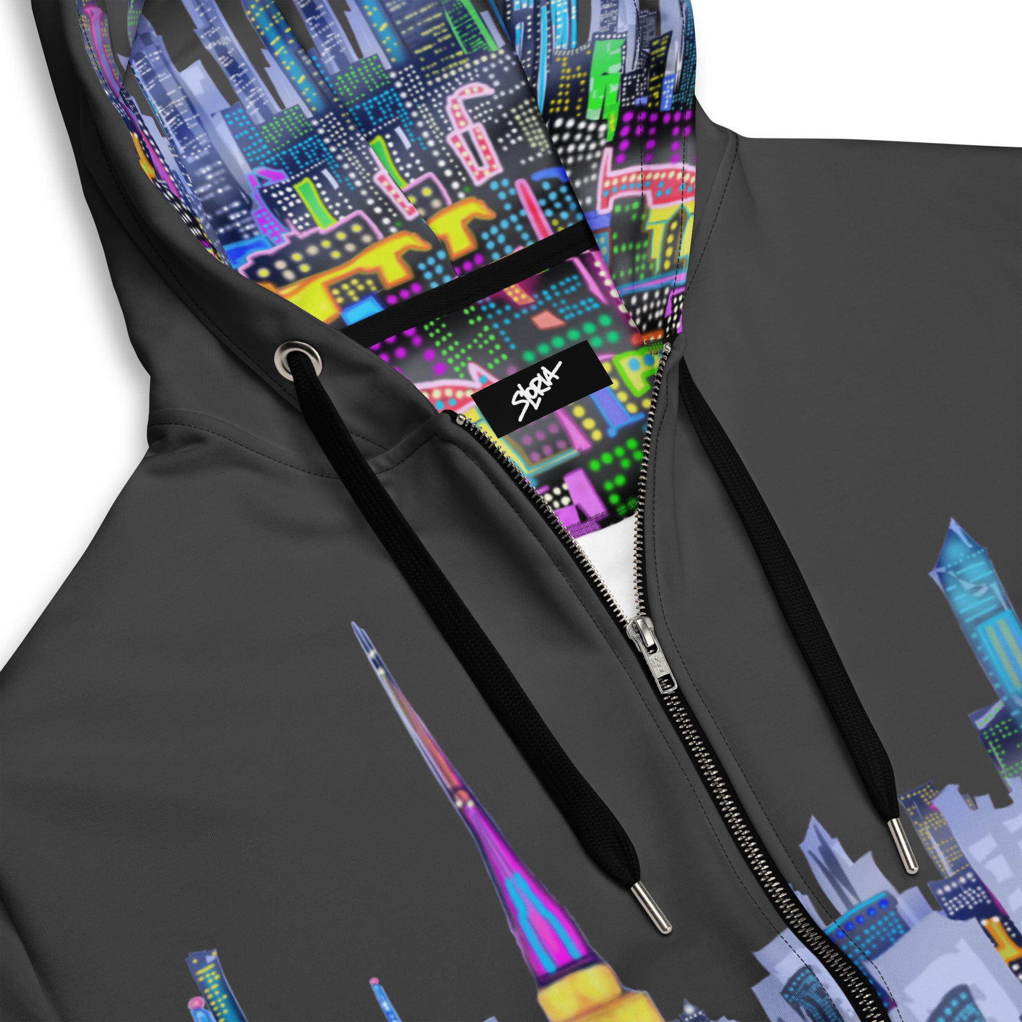 Black hoodie with colorful Loria NYC Art cityscape design on the hood and front, featuring a brand logo.