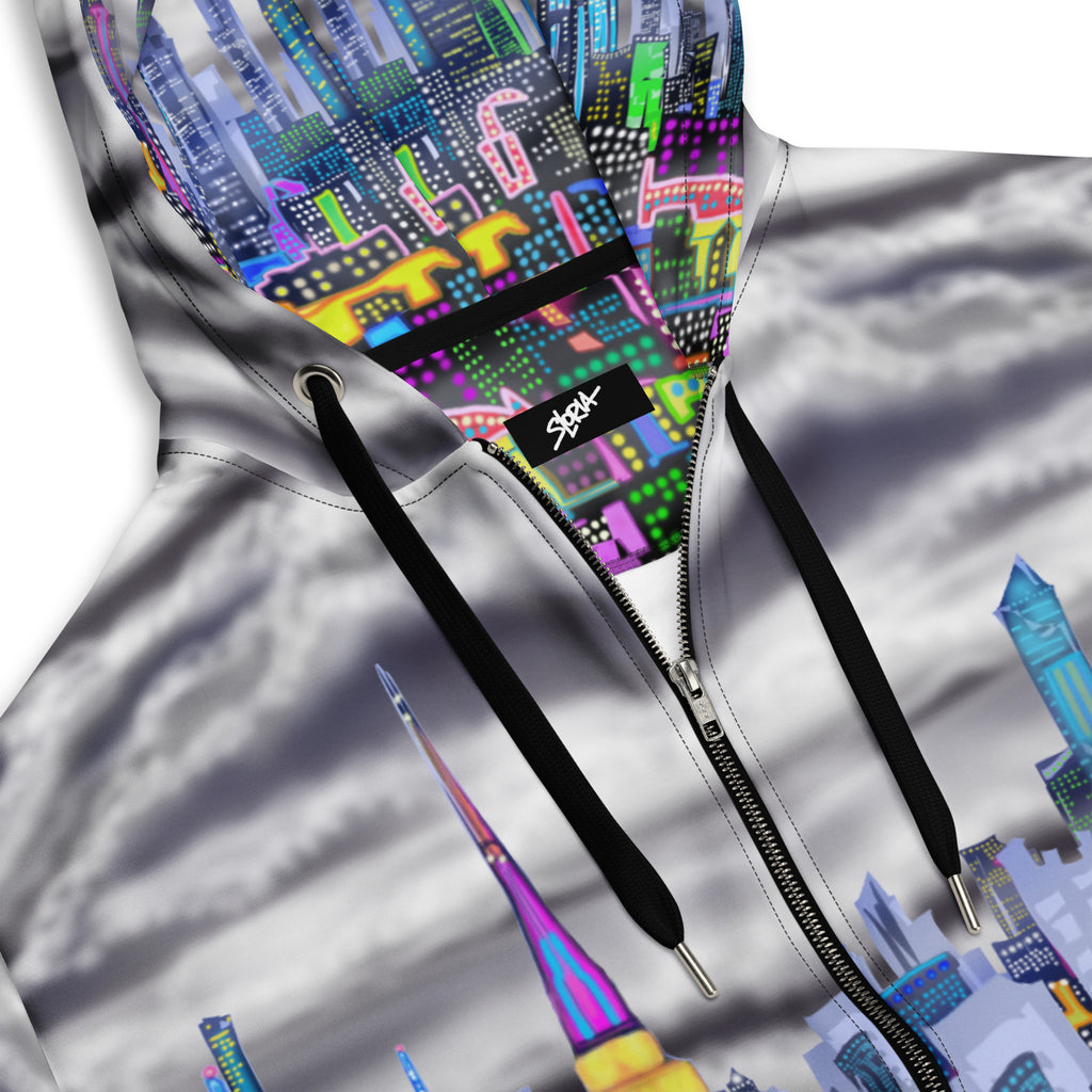 Hoodie with colorful Loria NYC Art cityscape design and brand logo on a white background
