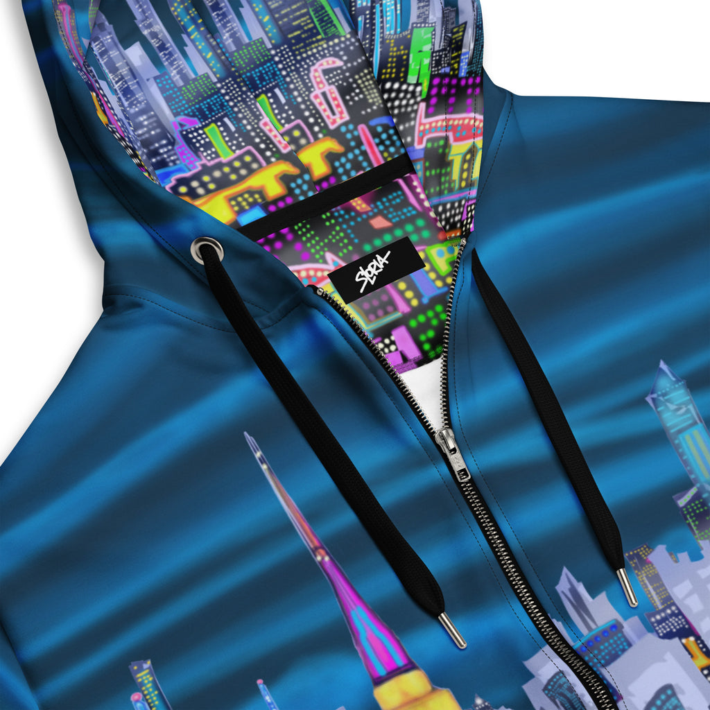 Blue hoodie with colorful cityscape design on the hood and a visible brand S.Loria logo.
