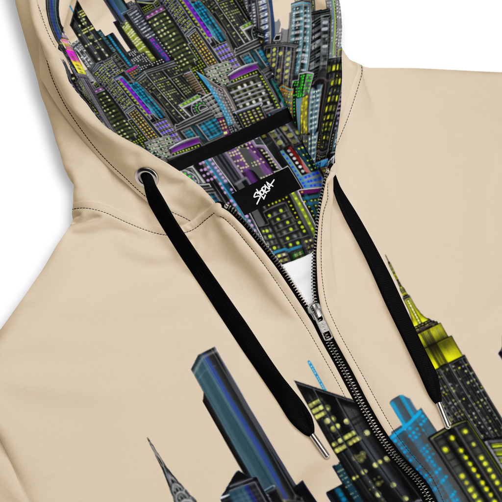 Hoodie with cityscape Loria NYC Art design and visible brand logo on a beige background