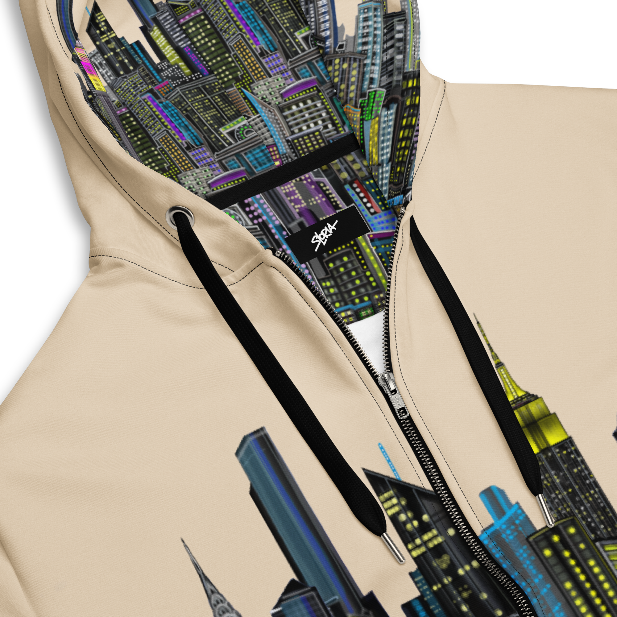 Hoodie with cityscape Loria NYC Art design and visible brand logo on a beige background