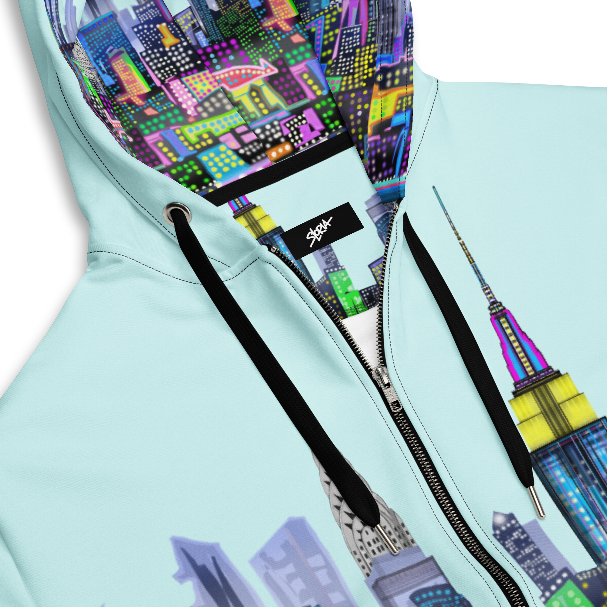 Light blue hoodie with colorful cityscape Loria NYC Art design and SLoria logo.