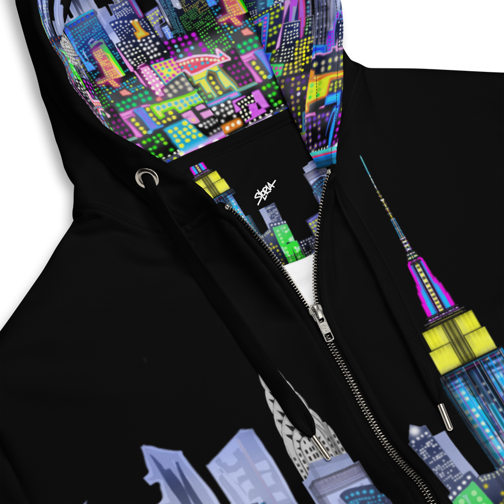 Black hoodie with colorful Loria NYC Art cityscape design on a white background