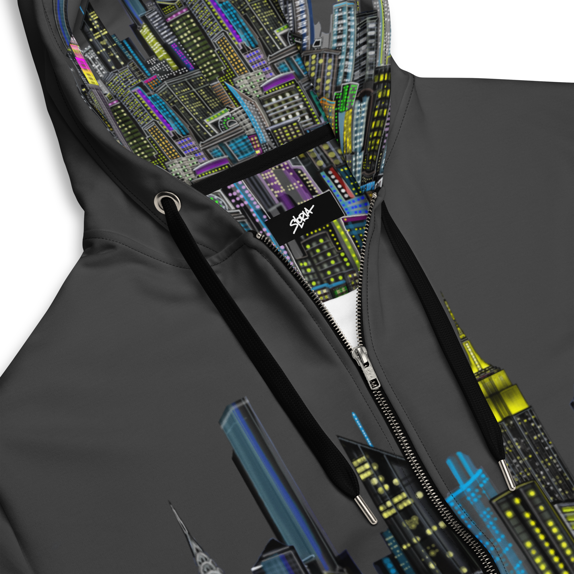 Black jacket with colorful Loria NYC Art cityscape design on hood and zipper area, featuring a brand logo.