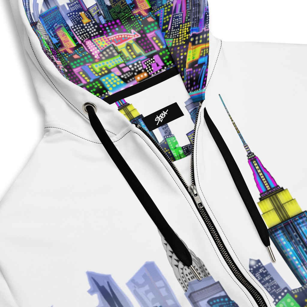 Hoodie with colorful cityscape Loria NYC Art design and logo on a white background