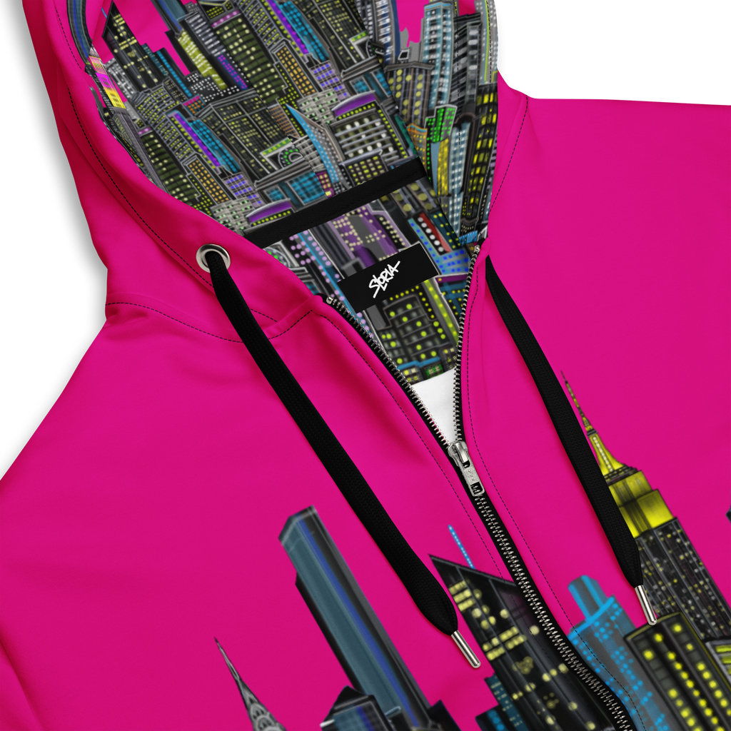 Pink hoodie with cityscape NYC Loria Art design and brand logo on a white background