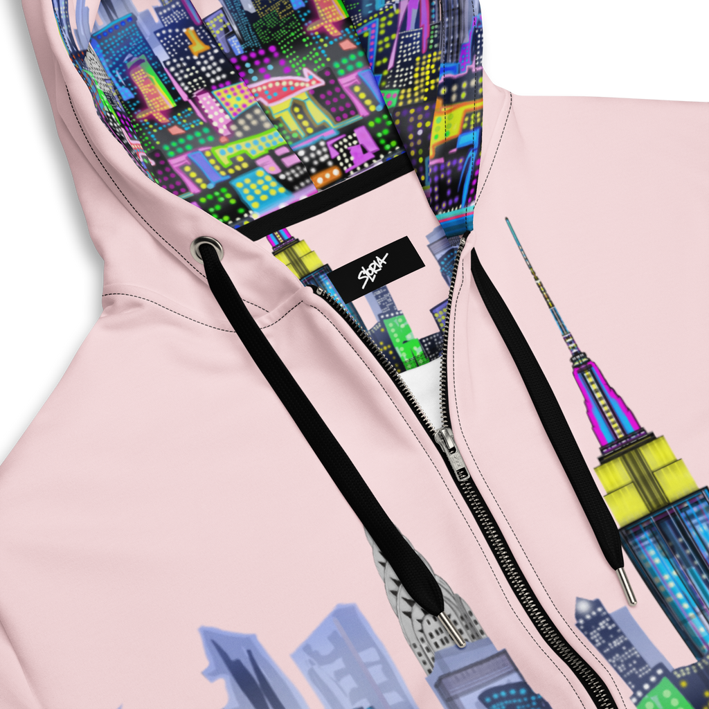 Pink hoodie with colorful cityscape Loria NYC Art design and Stussy logo on a white background