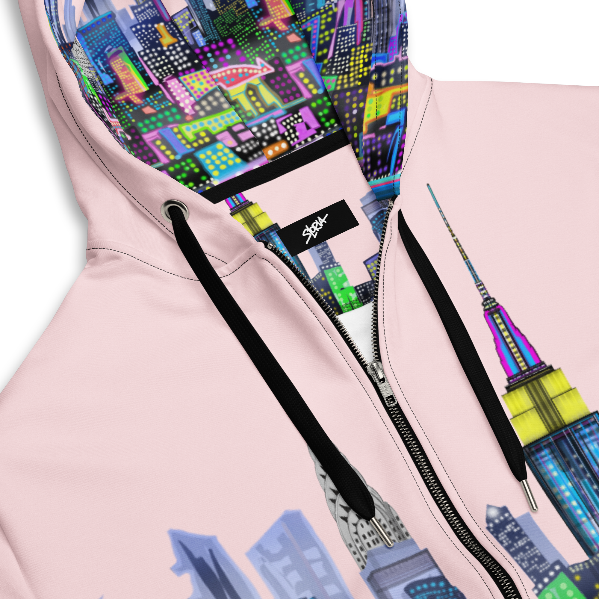Pink hoodie with colorful cityscape Loria NYC Art design and Stussy logo on a white background