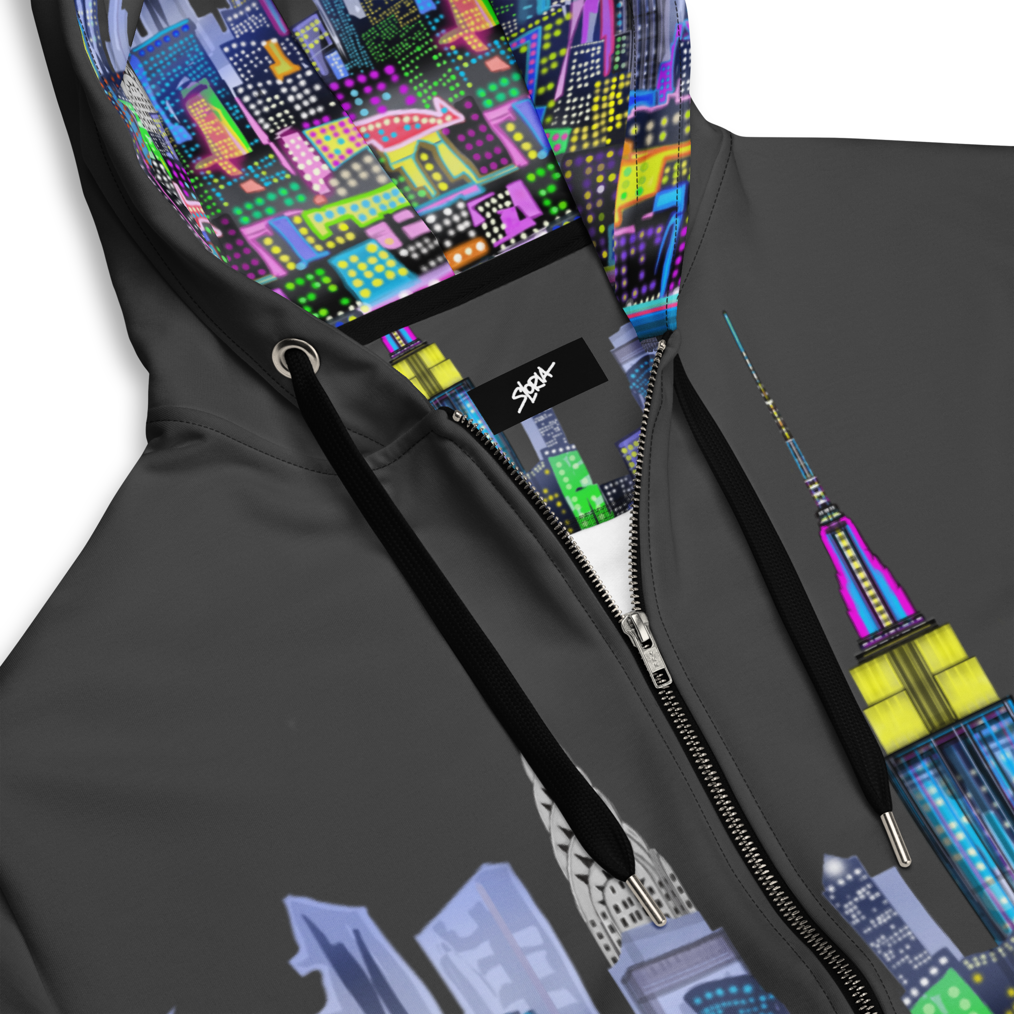 Black jacket with colorful Loria NYC Art cityscape design on the hood and front pocket, featuring a brand logo.