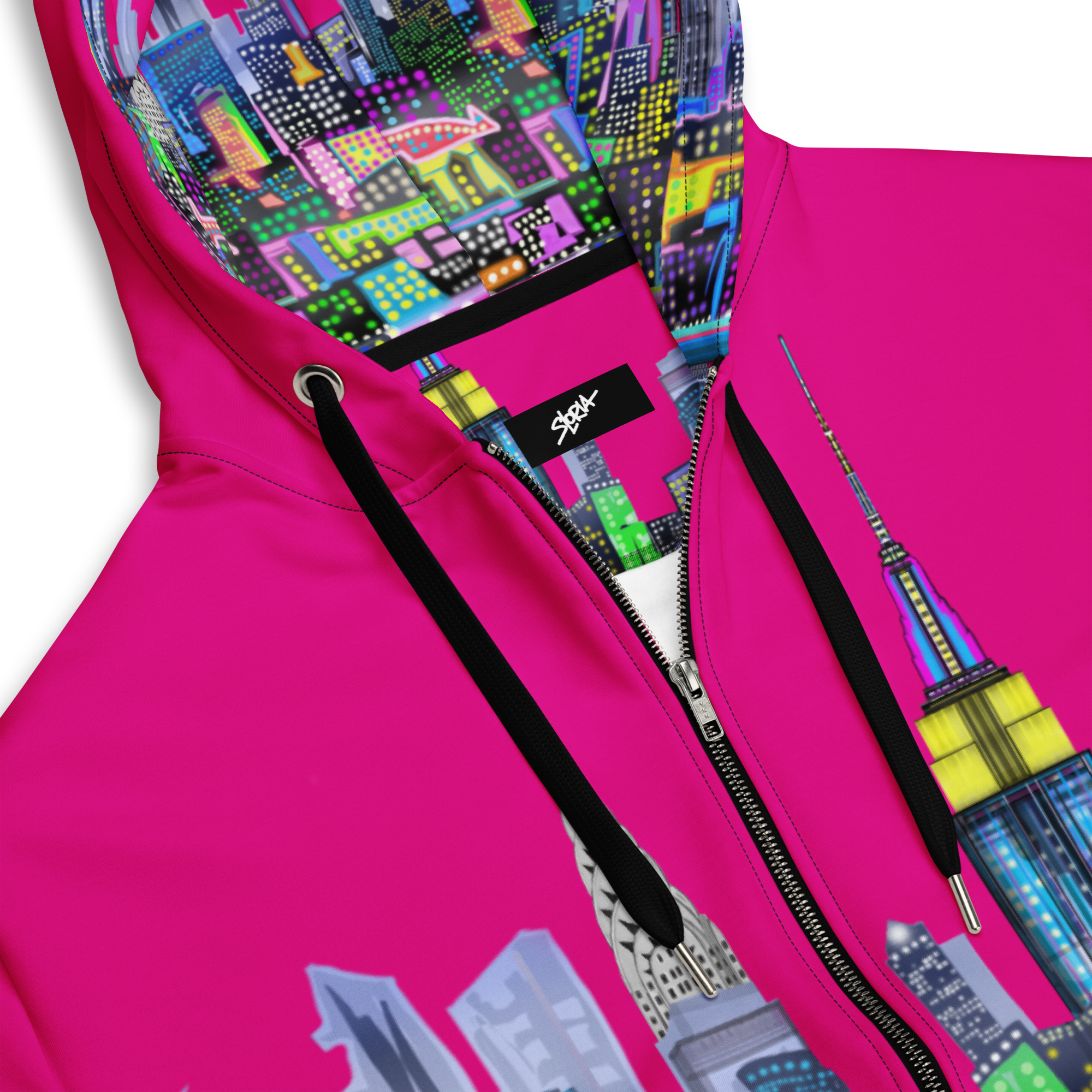 Pink hoodie with colorful cityscape Loria NYC Art  design and brand logo on a white background
