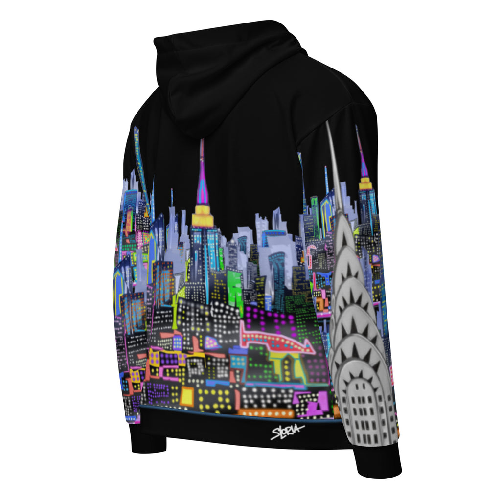 Back side of Black hoodie with colorful cityscape design by Loria NYC Art on a white background
