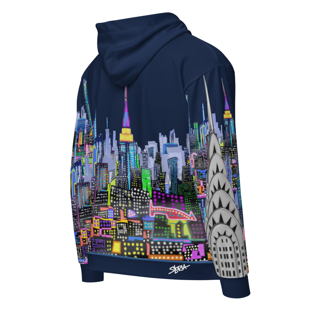 Back view of Hoodie with colorful cityscape design by Loria NYC Art on a white background