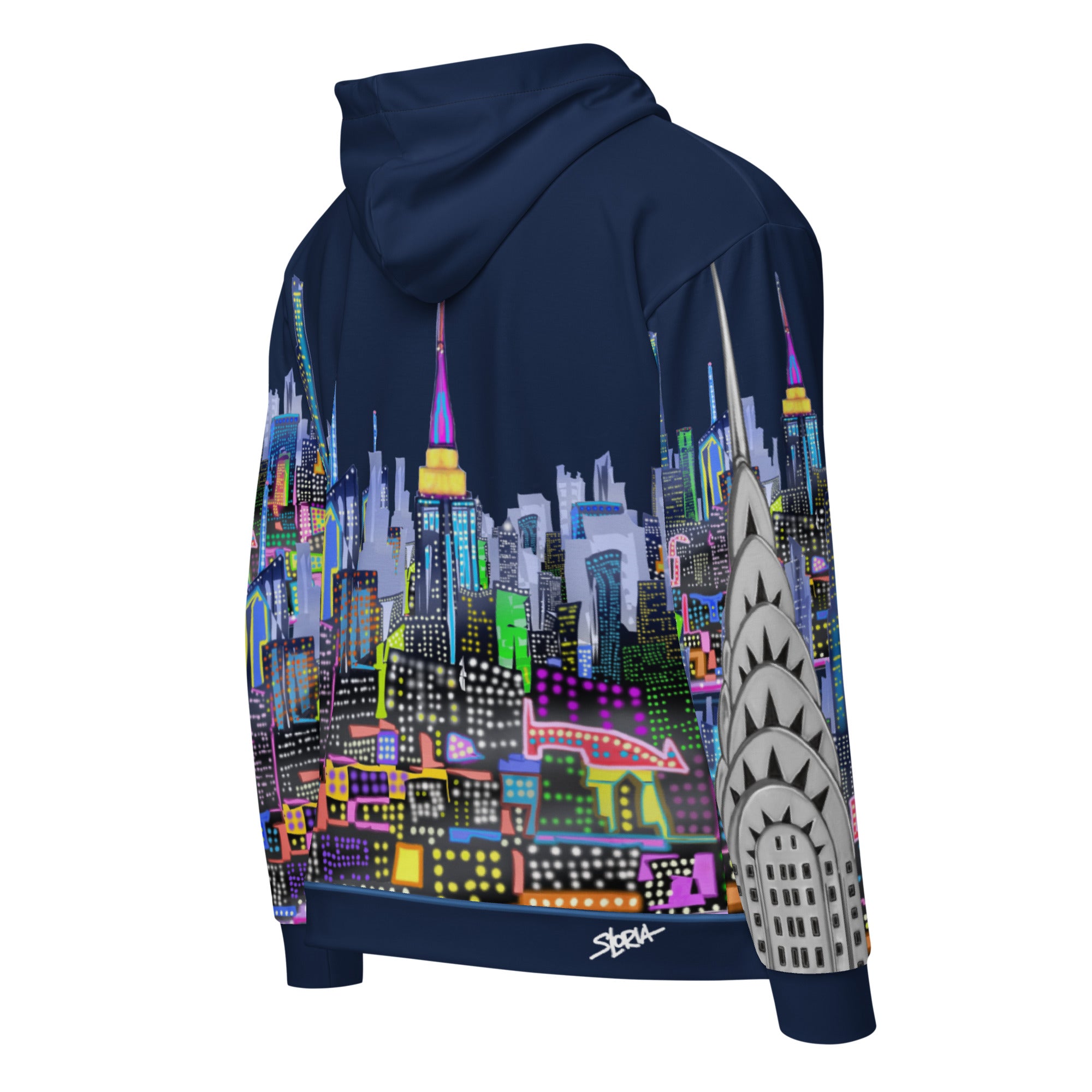 Back view of Hoodie with colorful cityscape design by Loria NYC Art on a white background