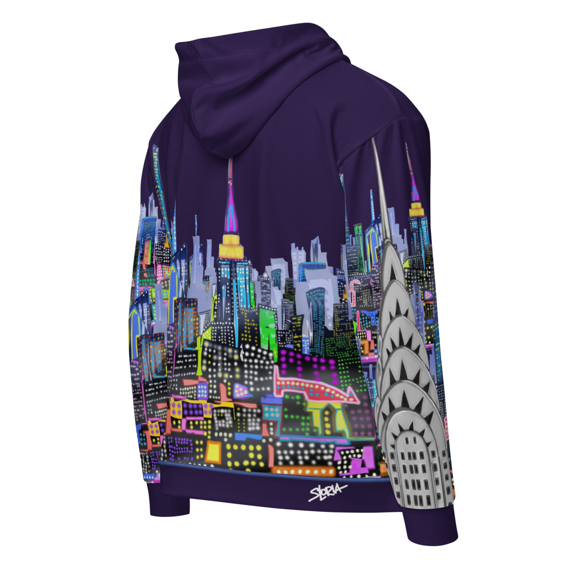 Back of Hoodie with a colorful cityscape Loria NYC Art design on the back, brand logo visible.