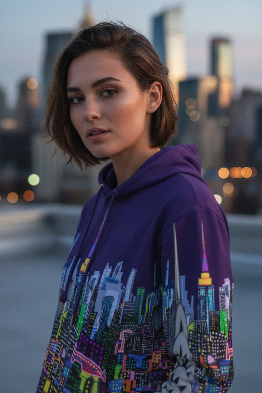 Woman wearing a colorful Loria NYC Art cityscape hoodie with a blurred city skyline in the background