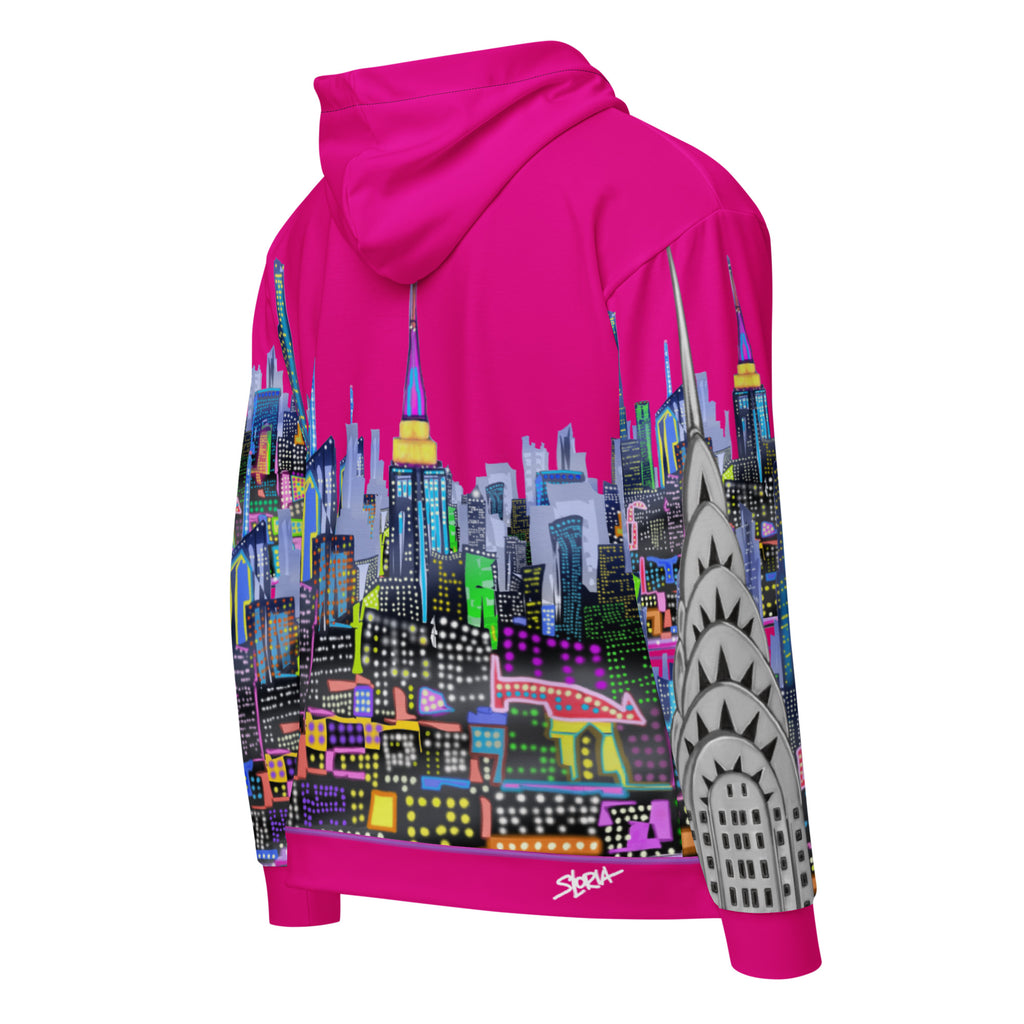 Back side Pink hoodie with colorful Loria NYC Art cityscape design on a white background