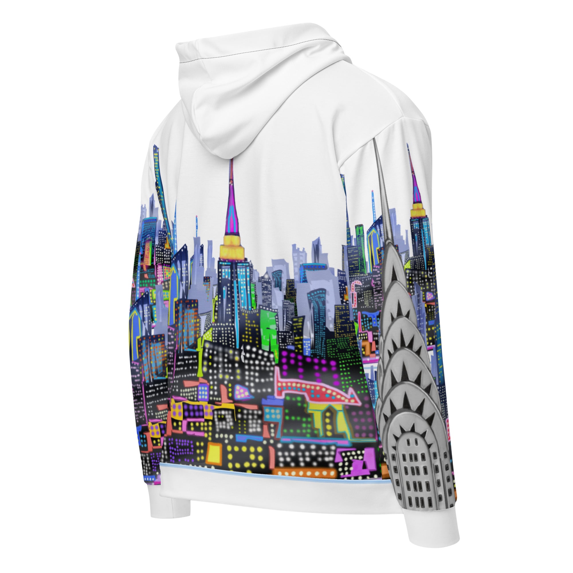 White hoodie with a colorful cityscape Loria NYC Art design on the back against a white background
