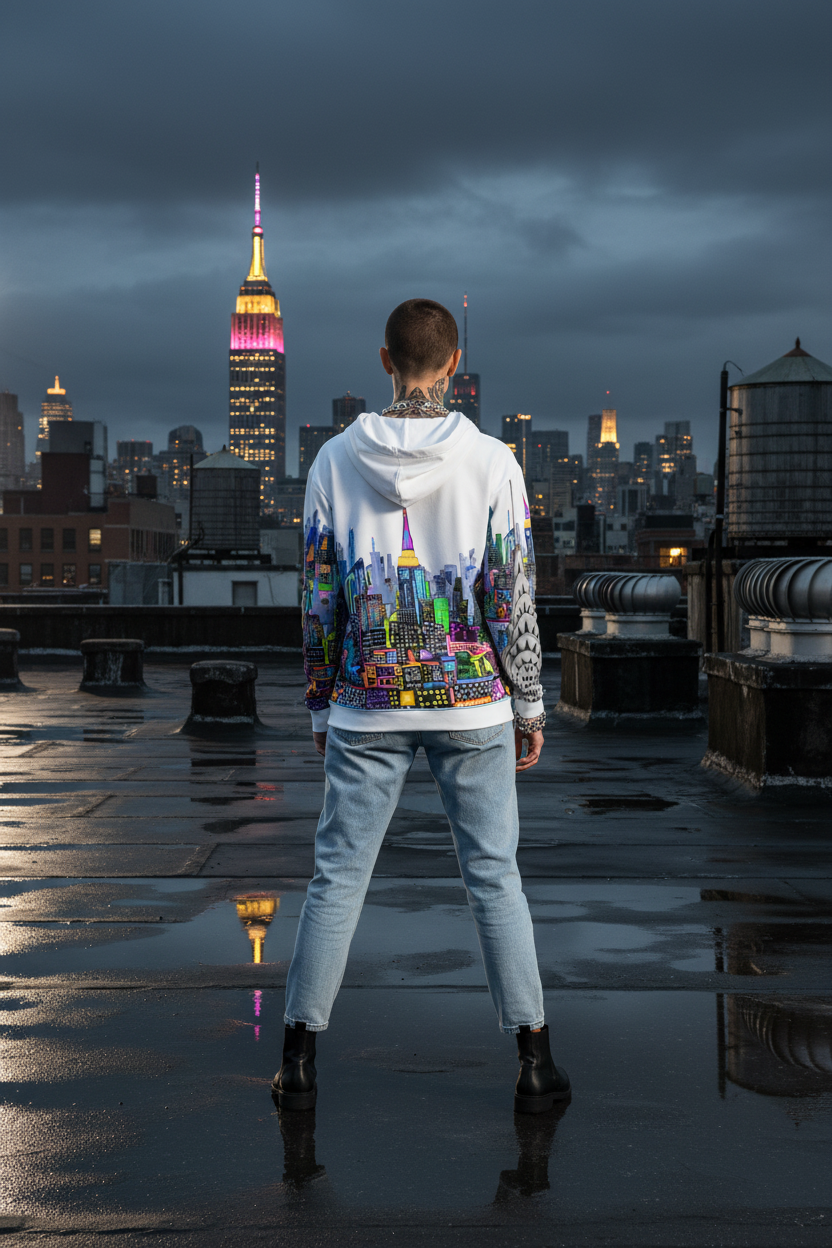 Person wearing a hoodie with a cityscape design by Loria NYC Art on a rooftop with the Empire State Building in the background.