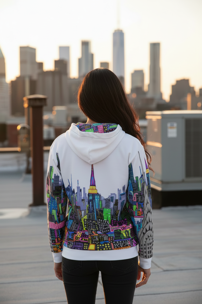 Person wearing a colorful Loria NYC Art hoodie with a cityscape design, standing on a rooftop with a city skyline in the background.