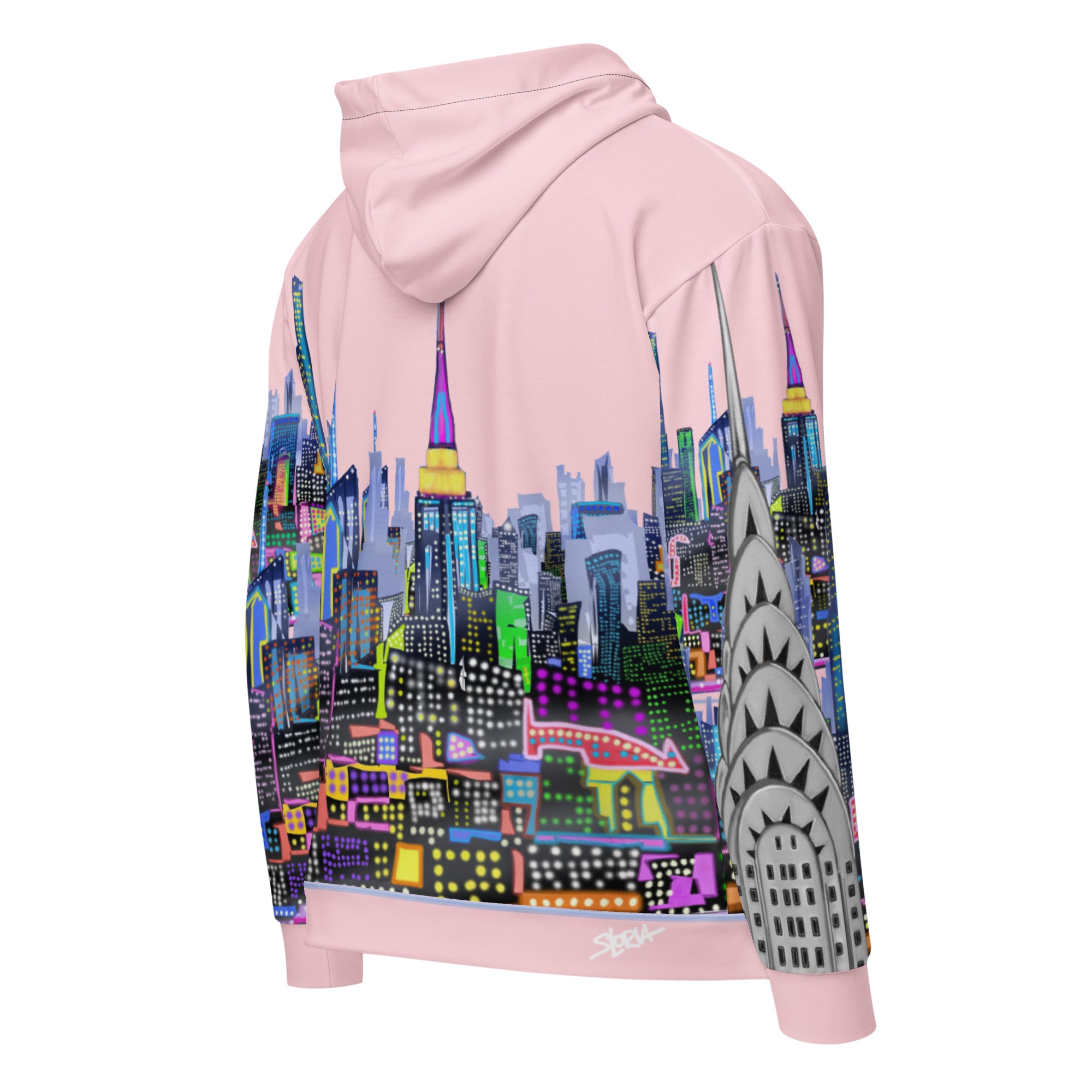 Pink hoodie with a colorful Loria NYC Art cityscape design on the back against a white background