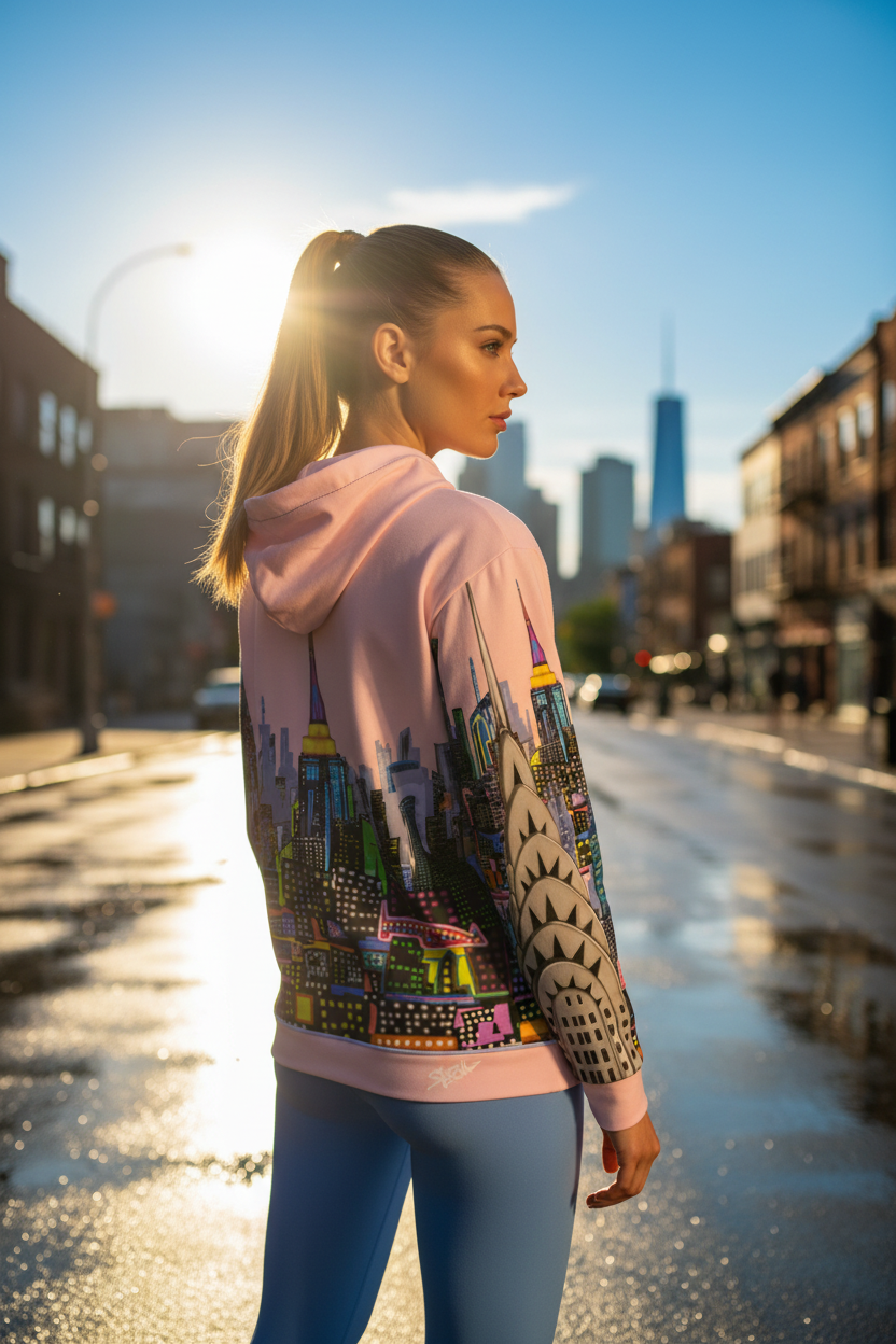 Woman wearing a colorful hoodie with cityscape Loria NYC Art design in an urban setting