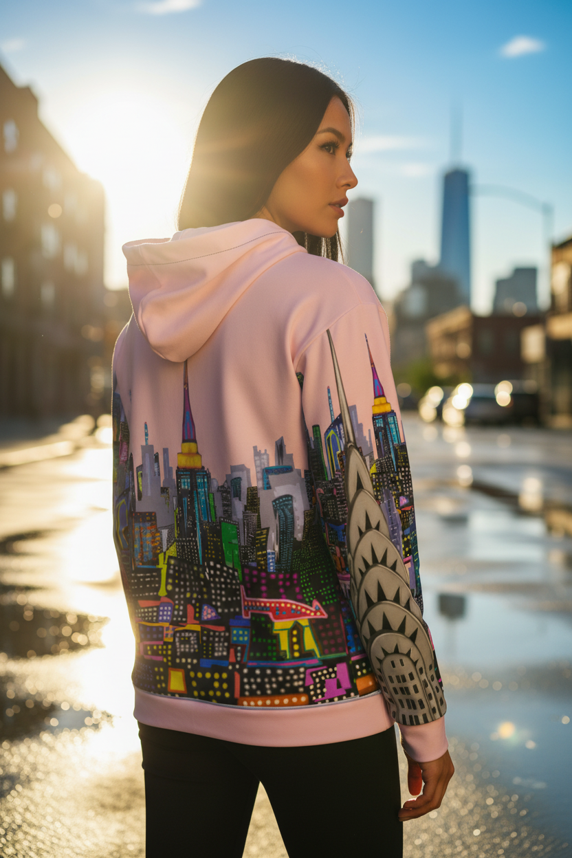 Person wearing a colorful hoodie with a cityscape Loria NYC Art design, standing on a street with buildings in the background.