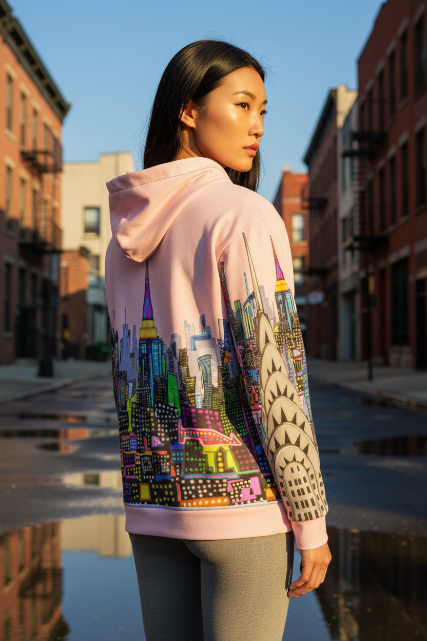 Woman wearing a pink hoodie with cityscape Loria NYC Art design on a street.