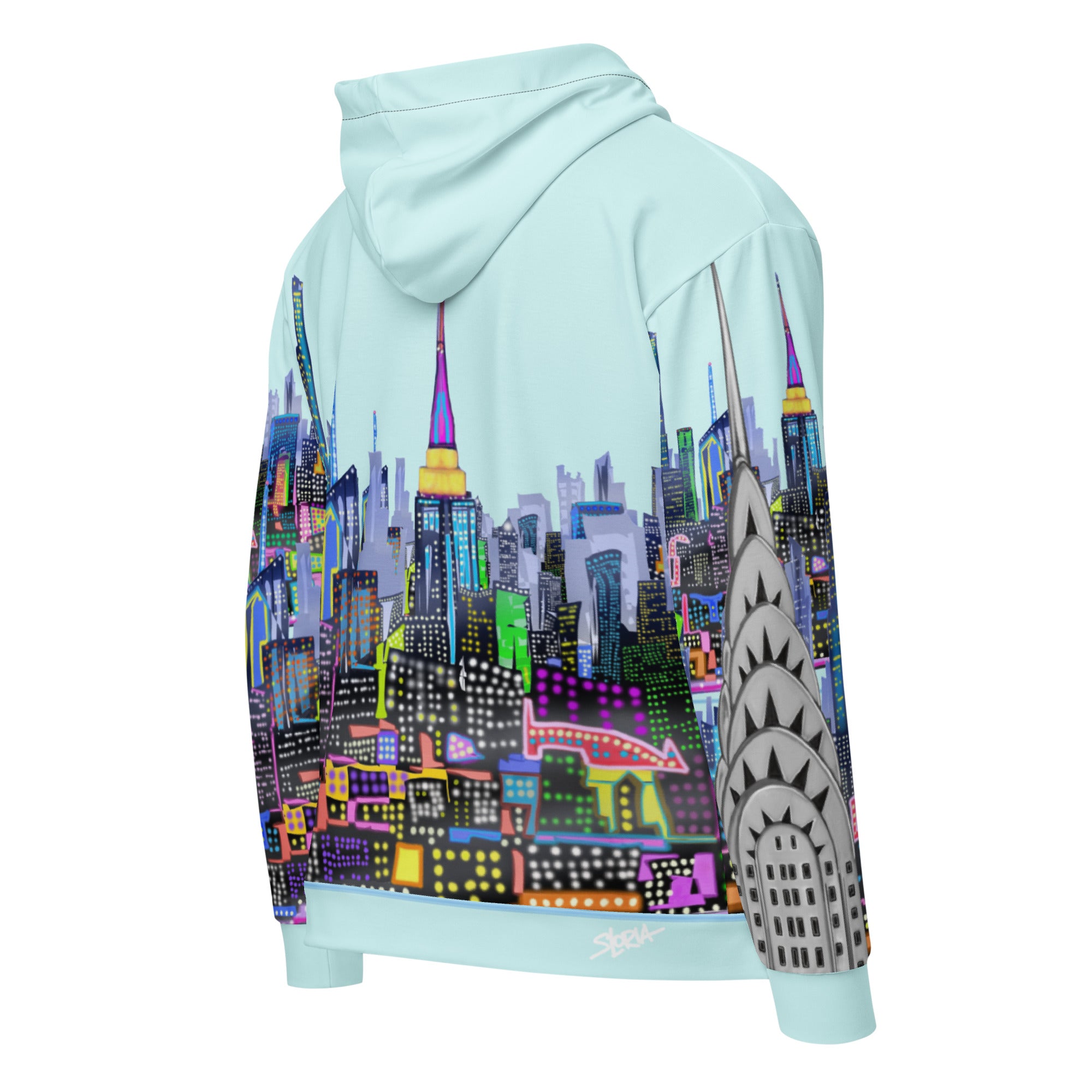 Back of cyan color hoodie with cityscape abstract design by LORIA NYC Art
