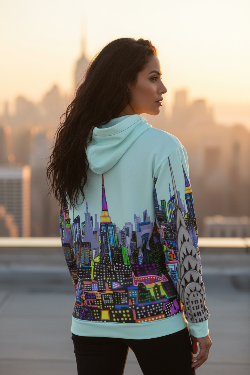 Person wearing a hoodie with a cityscape Loria NYC Art design, standing in an urban setting.