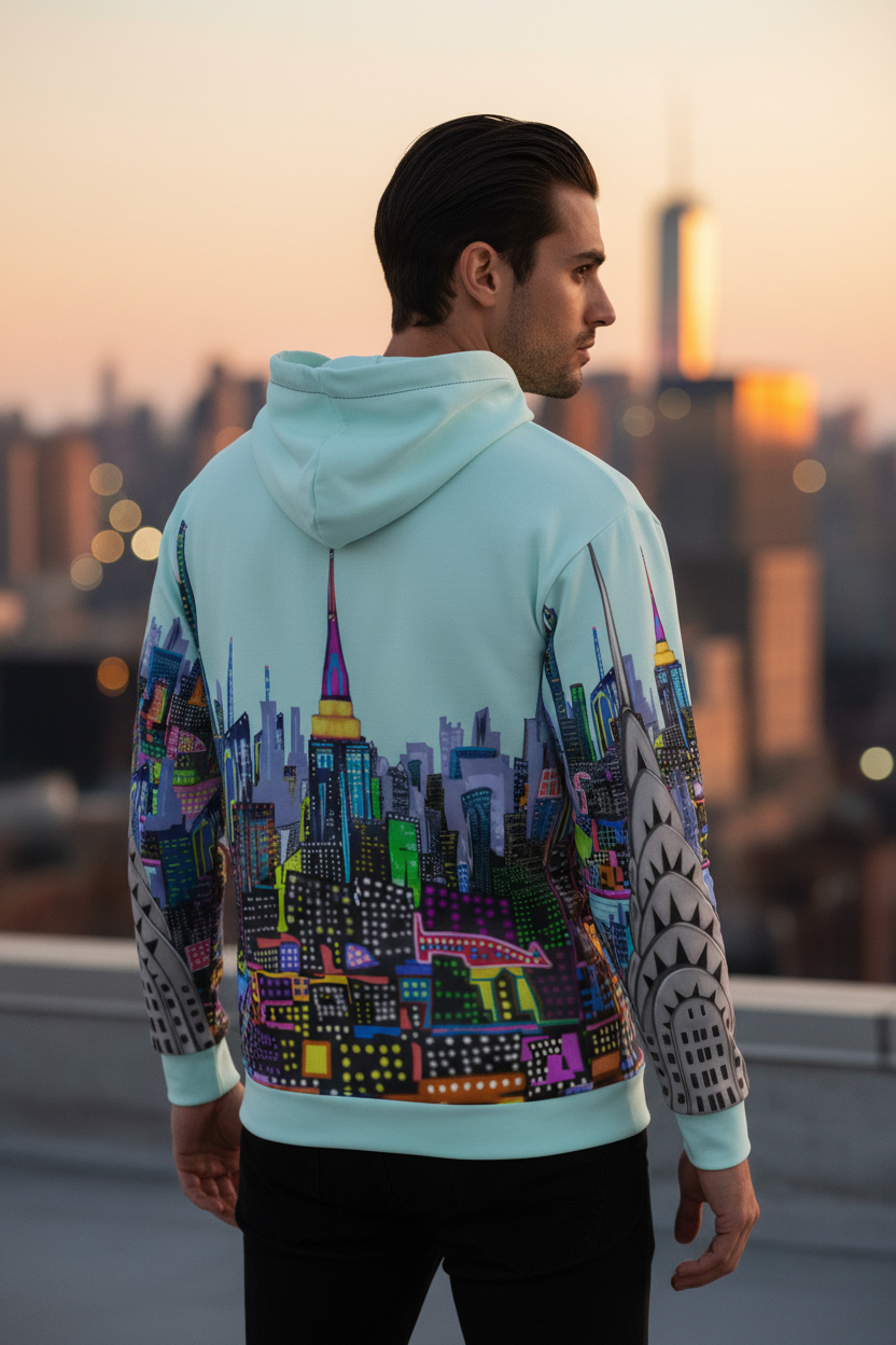 Person wearing a hoodie with a colorful cityscape Loria NYC Art design, standing on a rooftop with a city skyline in the background.