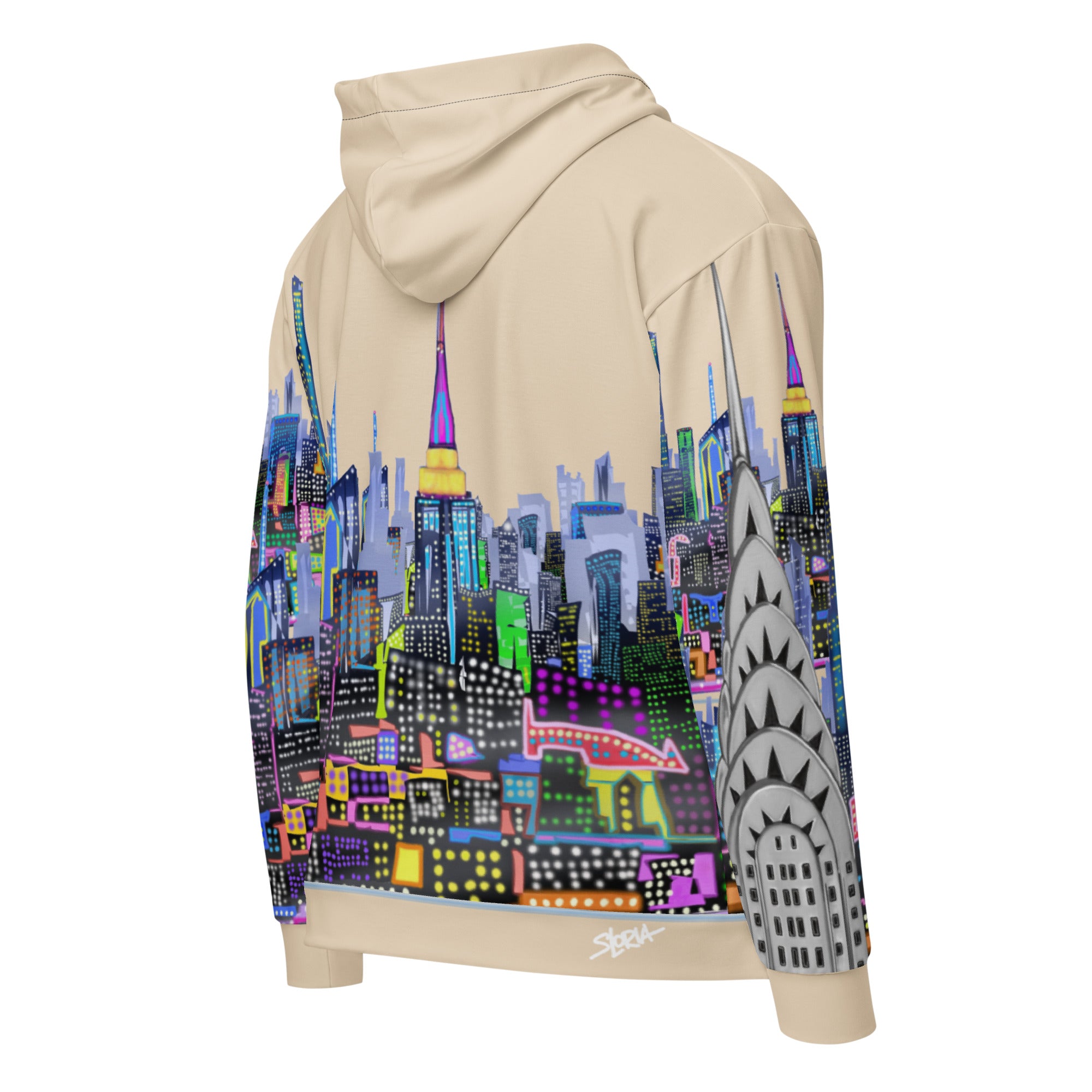 Beige hoodie with a colorful cityscape Loria NYC Art design on the back against a white background