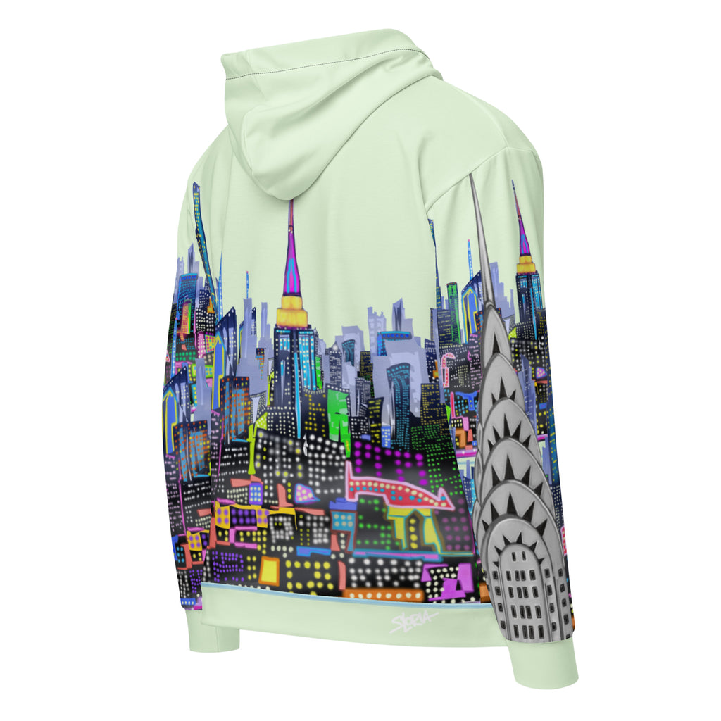 Light green hoodie with a Loria NYC Art colorful cityscape design on the back against a white background