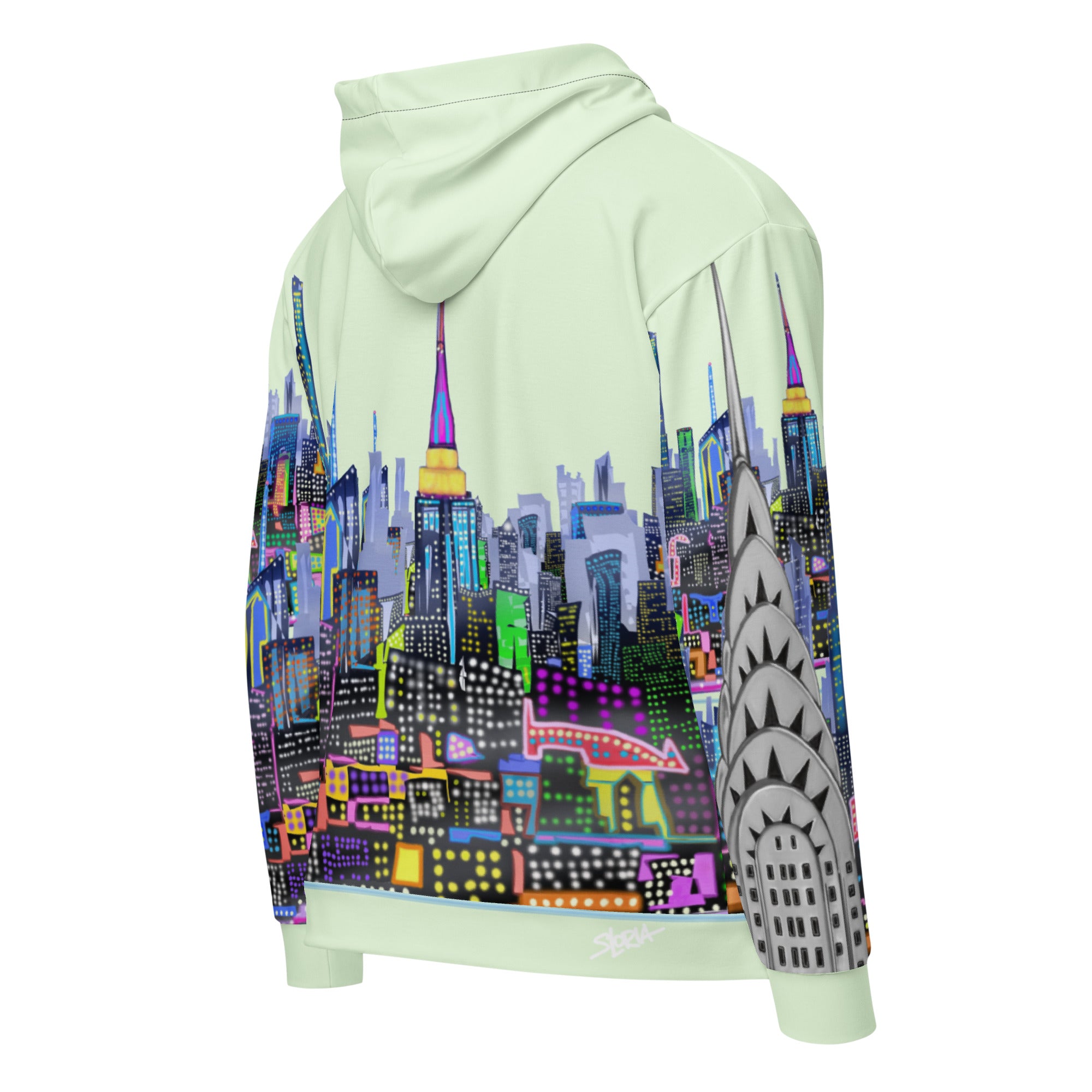 Light green hoodie with a Loria NYC Art colorful cityscape design on the back against a white background