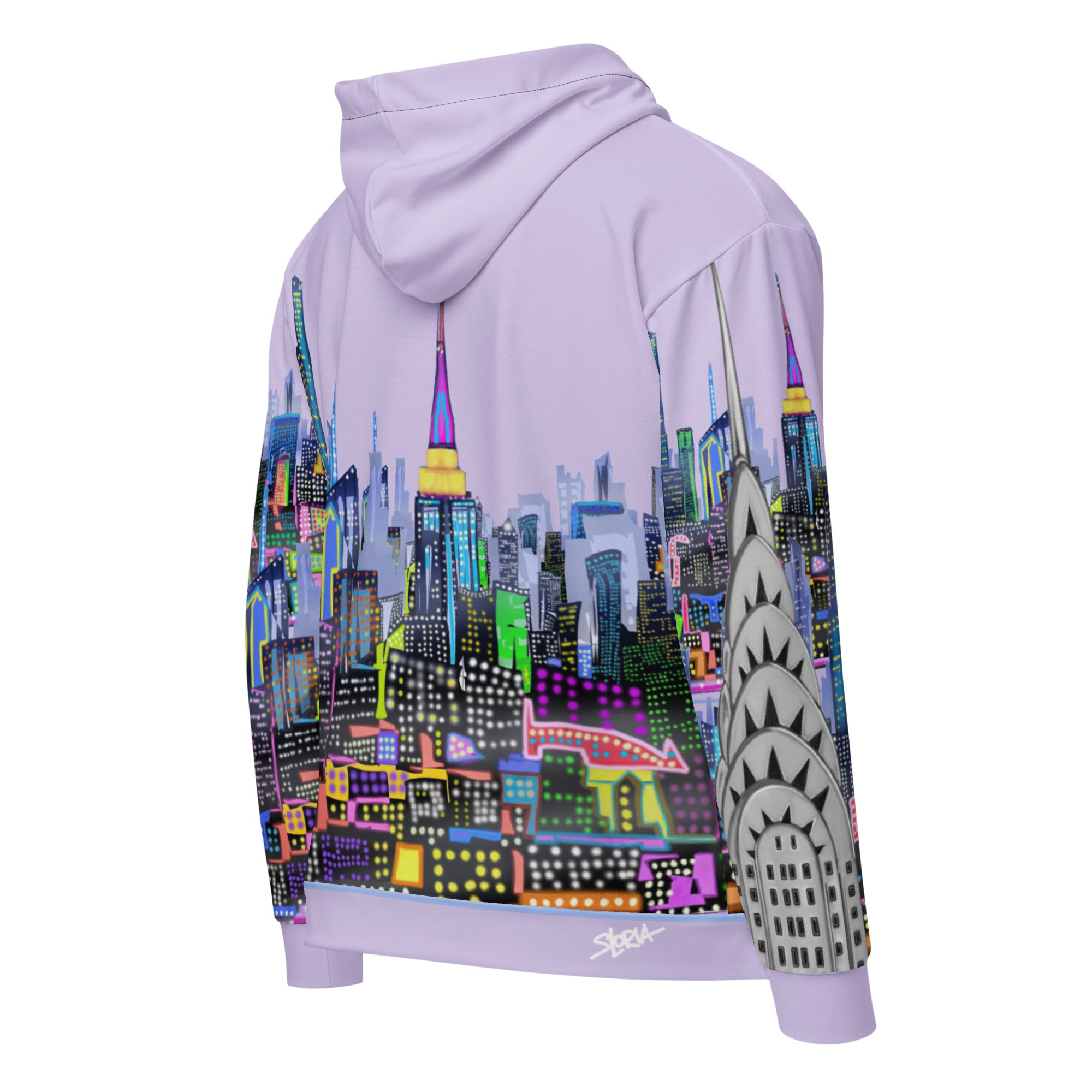 Hoodie with a colorful cityscape  Loria NYC Art design on the back against a white background