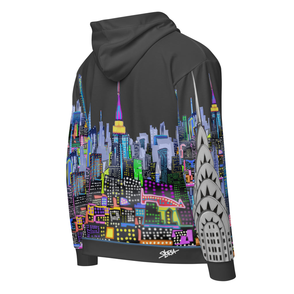Hoodie with a colorful cityscape Loria NYC Art design on the back against a white background