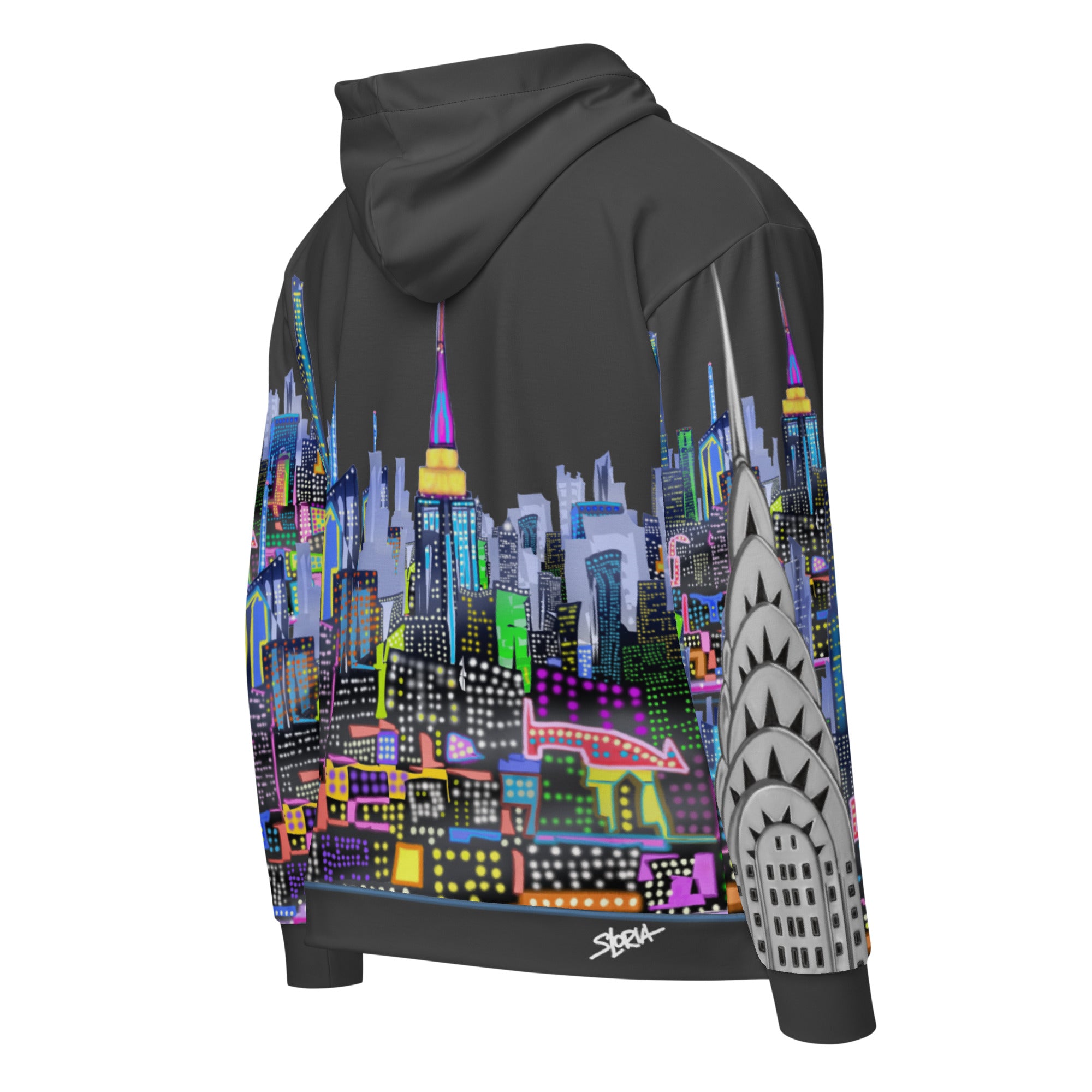 Hoodie with a colorful cityscape Loria NYC Art design on the back against a white background