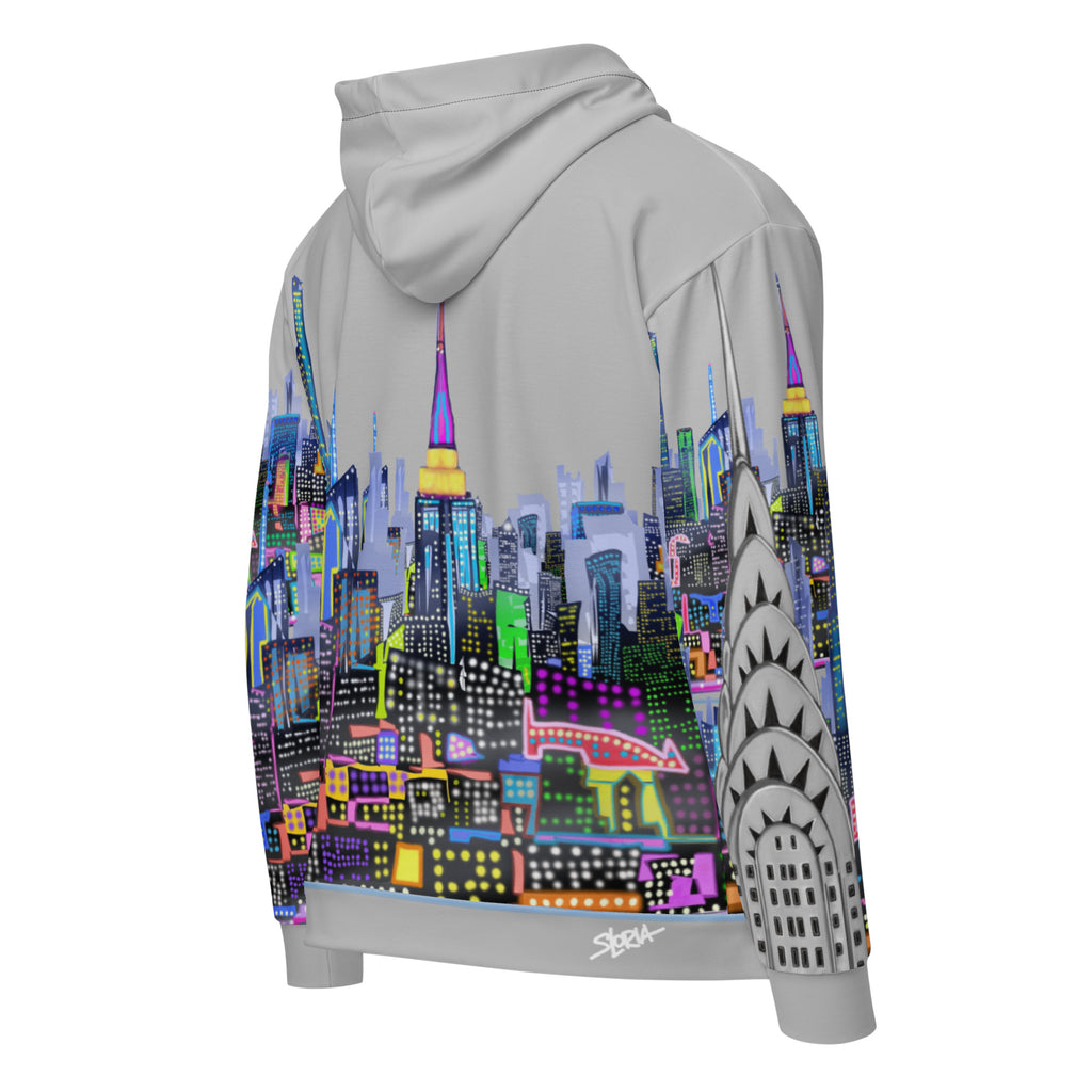 Gray hoodie with a colorful cityscape Loria NYC Art design on the back against a white background